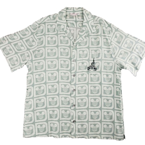 Disney D23 Exclusive Kevin Jody Mickey Epcot Globe Camp Shirt Mens XXL Green AOP